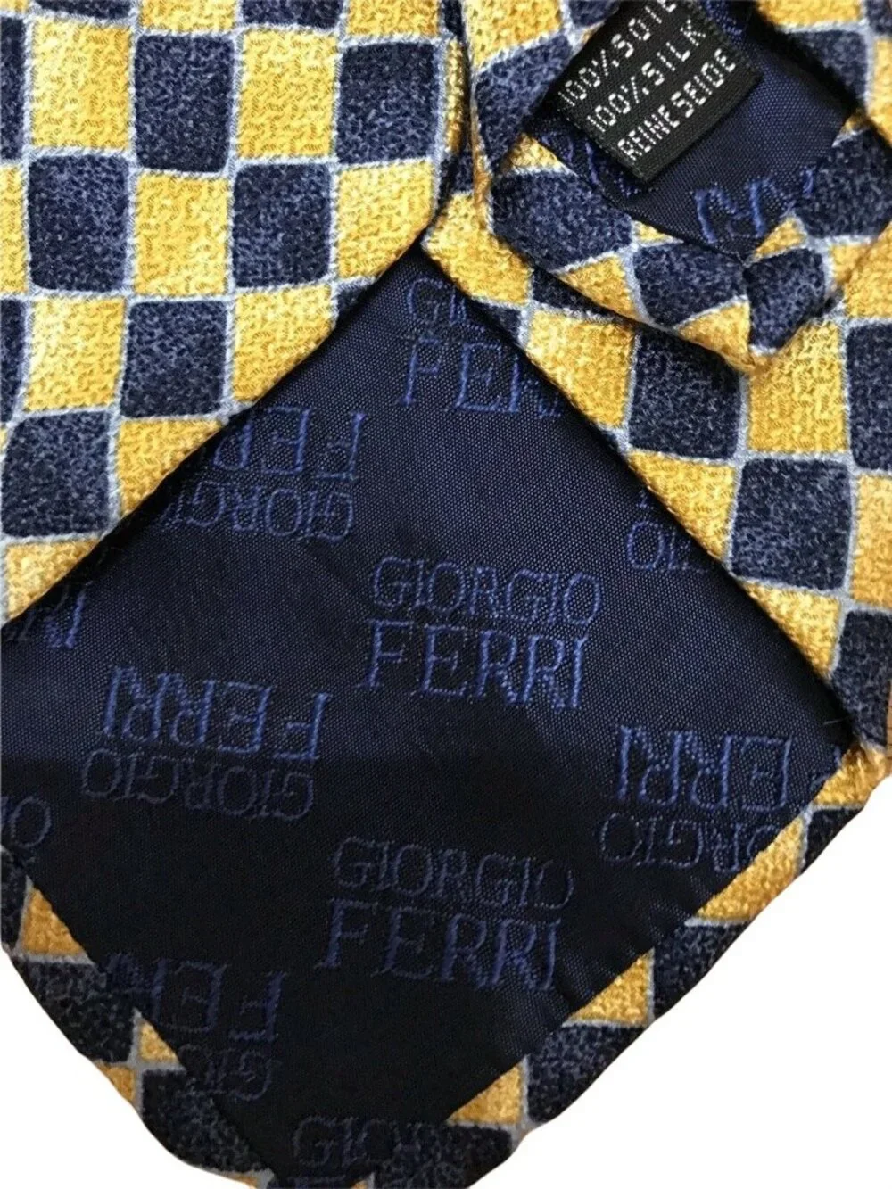 Giorgio Ferri Mens Tie Blue Yellow 100 Italian Silk Italy Designer Checkerboard